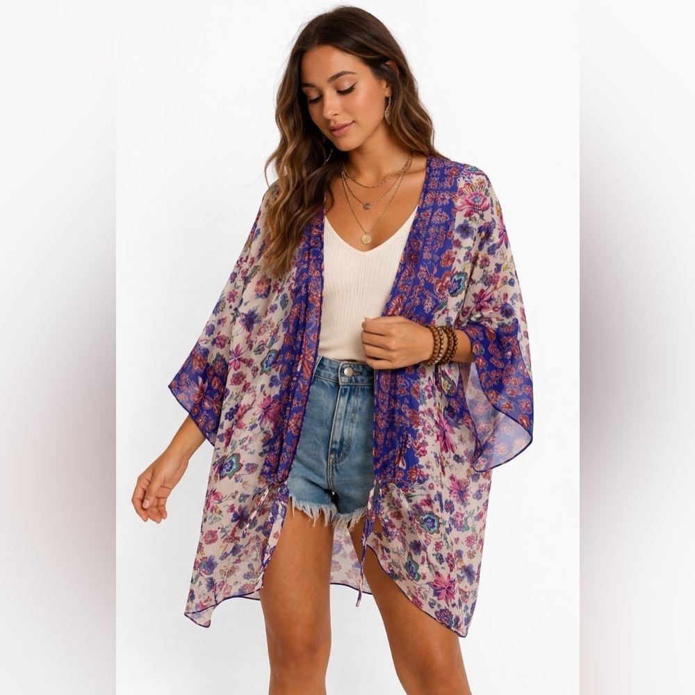 Democracy Floral Kimono Sheer Boho Cardigan S/M Festival Lightweight